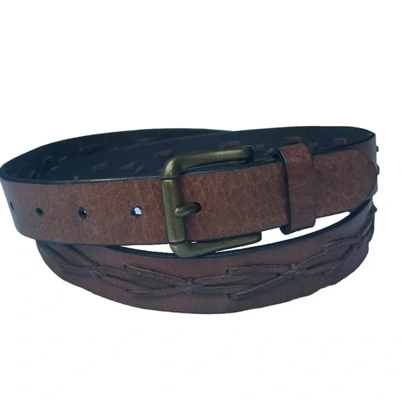 Vintage Brown Leather Belt Men XL 44/110 Western Style Hand Stitched Design Boho - Picture 2 of 12